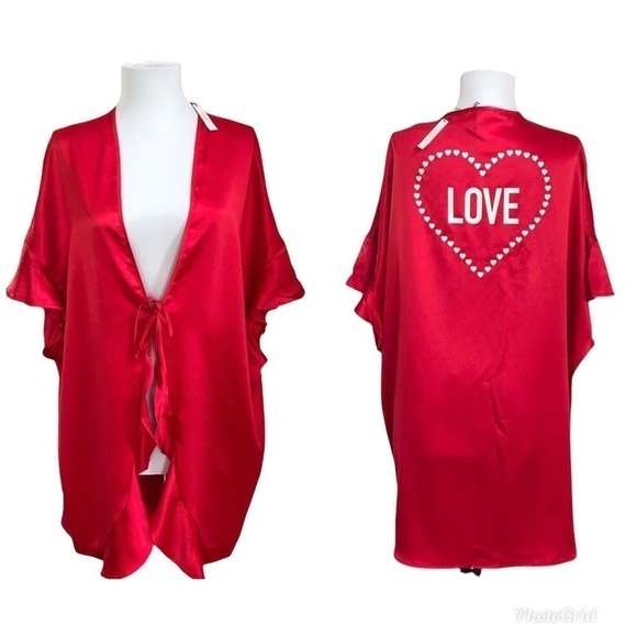 NWT Victorias Secret Red Ruffle Satin Robe one size Heart Print Back Love Kimono - Picture 1 of 8